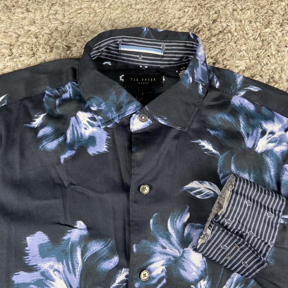 Ted Baker Soren Button Down Shirt Mens S Blue Floral Digital Print Long Sleeve